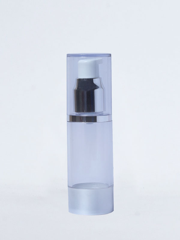 30 ML SAN Airless Bottles BA03 with Shinny Silver and Pump and Clear Over Cap